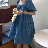 Sleeve Dress Women Square Collar Elastic Puff Sleeves Pleated Females Dresses Solid Summer Above Knee A-line Korean