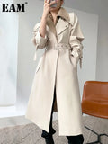 Women Beige Big Size Long Trench New Lapel Long Sleeve Loose Fit Windbreaker Fashion Tide Spring Autumn 2023