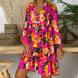 Bohemian Women Dresses Summer Long Sleeve Button Loose Mini Dress Big Swing Boho Dress Printed Vestido 425-1-Outfit