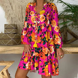 Bohemian Women Dresses Summer Long Sleeve Button Loose Mini Dress Big Swing Boho Dress Printed Vestido 425-0-Outfit