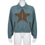 green star embroidered corduroy coat women's 2023 new American cardigan zipper lapel casual