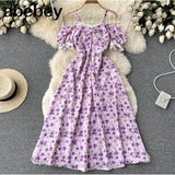 Women Casual Summer Female Fashion Strap Dress Slash Neck Korean Floral Sundress Ladies Lace Party Beach Long