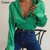 Green Silk Blouse Women Autumn 2023 New Button Down Long Sleeve Satin Blouses Women Casual Solid Loose Shirts Tops