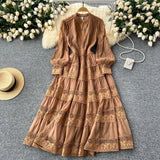 Retro V-Neck Lace To Receive Waist Long Sleeve Dress Female Thin High Sense Elegant Long