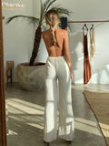 Sexy Halter Backless Tank Top Set Woman 2 Piece Bodycon Beige Pleated Pants Set Female Elegant Skinny Slit Trouser
