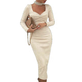 for Women Sexy Bodycon Dresses Autumn Winter Female Slim Buttocks French Midi Robe Elegant Ladies Long Sleeve Party