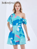 Asymmetrical Print Color Block Mini Dress For Women Skew Collar Short Sleeve High Waist Sexy Slim Dress Female