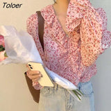 Women Summer V-Neck Flare Sleeve Sweet Elegant Chiffon Thin Retro Korean Style Fashion All-match Print Loose Casual