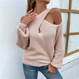 Women Long Sleeve Sexy Cross Off-Shoulder Knitted Pullovers Sweaters Cold Shoulder Simple Loose Jumper Oversized