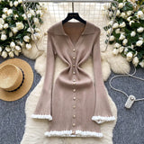 Luxury Famous Knitted Dress Woman Autumn Wooden Ear Over The Collar To Slim Beautiful Sister Mid-Long
