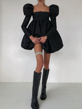 Puff Sleeves Ladies Party Black Dress Evening Chic Square Collar Ball Gown Womens Satin Dresses Short Pleated