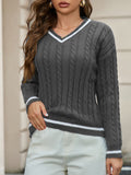 Women's Temperament V-Neck Long-Sleeved Sweater Fashion Jersey Thread White-Bordered Cuffs Knitted