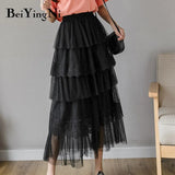 Lace Tulle Skirt Women Solid Summer Long White Black Tutu Skirts A Line Skirt Laides Elegant High Waist Elastic