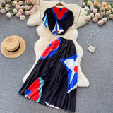 Vacation Beach 2pcs Set Women Floral Printed Short Sleeve Tops And High Waist Pleated Long Skirt Suit Spring