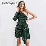 Sequined Women Dress Asymmetrical Collar Puff Long Sleeve High Waist Bow Irregular Dresses Female Fashion 2020