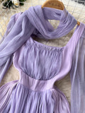 Mesh Patchwork Chiffon Long Dress Scarf Long Sleeve Slim Beach Holiday Ladies Vinage Court Style Waist Autumn
