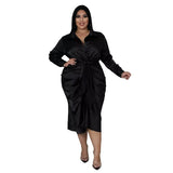 Plus Size Dresses Women Solid Long Sleeve Bandage Draped Pleaped Sleeve Button Dress Office Lady Wholesale