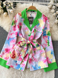 Women Print Floral Autumn Two Pieces Suits Lapel Lace Up Shirt+Wide Leg Long Pant American Style Fashion Casual