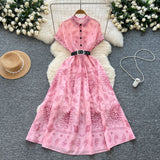 Belt Dress 2025 Summer To Collect Thin Temperament French Retro Short-Sleeved Print