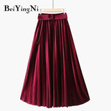 Autumn Winter Skirt Women With Belt Long Metallic Silver Maxi Pleated Skirt Midi High Waist Fashion Vintage Saia