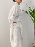 Women White Shoulder Padded Irregular Big Size Blouse New Lapel Long Sleeve Shirt Fashion Tide Spring Autumn 2023