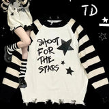 Subcultural Star Letter Stripe Print y2k Spring and Autumn Long Sleeve Women's Broken Round Neck Women's Clothing