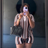 New Striped Collar Short Sleeve Loose Blouse High-Waist Three-Point Shorts Knitwear Two-Piece