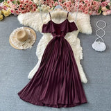 Summer Vintage Green/Beige/Purple Spaghetti Strap Pleated Long Dress Women Casual Off Shoulder Beach Party Vestidos 2021
