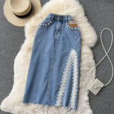 Splice Lace Jeans Women Skirt 2022 Beading Packet Split Button Y2K Fashion Sexy Ladies A Line Korean Long