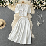 Elegant Women Set Summer 2022 Gentle Fashion V Neck Button Blouse Zipper Ruched A Line Long Skirt Slim Two Piece
