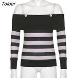 Goth Y2K Striped Print On The Shoulder Long Sleeve Tops E-girl Cute Streetwear Buttons Low Cut Black T-shirts