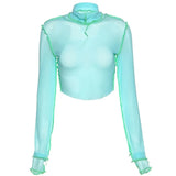 Spring Turtleneck T-Shirts Ruffles Crop Tops Solid Ruched Mesh Women Elastic Slim Long Sleeve Tees Female Outfits
