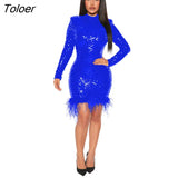 Dresses Sparkly Sequin Feather Party Vestidos Chic Sparkly Y2k Outfit O-neck Turtleneck Dress For Womens Long Sleeve