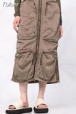 Fashion Women's Skirt New Elastic High Waist Zipper Big Pockets Loose Straight Brown Mid-calf Skirts Autumn 2023