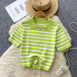 Knitted Women 2025 Summer South Korea Ins New Trendy Sleek Striped T-Shirt Women's