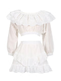 Spring Fashion New Elegant Lace Lotus Side Shoulder Shirt + Folded Skirt Suit