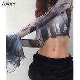 Sexy Bondage Dye Print Tee Long Flared Sleeve Fashion Short Top Mesh See Through Elegant Sweater Vintage Streetwear