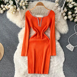 Retro Bodycon Knitted Dress Temperamant Long Sleeve Slim Sweater Dress Square Collar Women Winter Short Knit