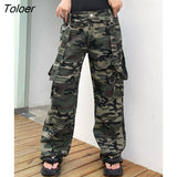 Streetwear Camouflage Cargo Women Jeans Vintage Goth Pocket Up Denim Trousers Harajuku Bandage Baggy 90s Straight