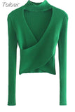 MODA Women Sexy Fashion Green Purple Hollow Out Crop Knit Sweater Vintage High Neck Long Sleeve Female Pullovers Chic