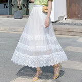 2020 Summer Lace Patchwork Casual High Waist Midi Tulle Skirt Woman Vintage Charming Long Tutu Skirt Ladies White