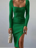 Women Square Collar Split Knitted Dress Slim Sexy High Waist Long Sleeve Lady Pencil Dresses 2022 Autumn Winter Party Lady