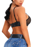 Sexy Black Lace Patch PU Leather Straps Night Club Crop Bralette
