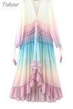 Women's Summer Bohemian Dress Printing Gradient Elegant Maxi Dress Patchwork Rainbow Color Party Dress Ruffles Sweet