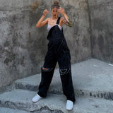 TWOTWINSTYLE Hole Hollow Out Overalls For Women Sleeveless High Waist Fake Two Piece Denim Wide Leg Pants Female Clothing