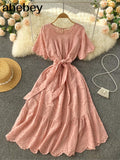 Pink/White/Green French Hollow Ruffles Dress Women O Neck Lace up Solid A-line Dresses Summer Elegant Streetwear Midi