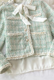 2 Piece Sets Women Korean Vintage Temperament Elegant Long Sleeve Button Tweed Short Jacket High Waist Bodycon Skirt