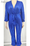 Women Sexy V Neck Sequins Long Sleeve Casual Belt Overalls Female High Waist Playsuit Elegant Ladies Party Club