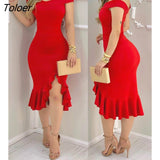 Women Fashion Elegant Sexy Plain Off Shoulder Ruffle Hem Slit Dress Solid Red Black Midi Dress Ruffles Sleeveless