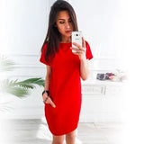 Short Sleeve Solid Party Dress Loose Straight Fashion Pockets Elegant Feminina Vestidos Casual Vintage Women Summer